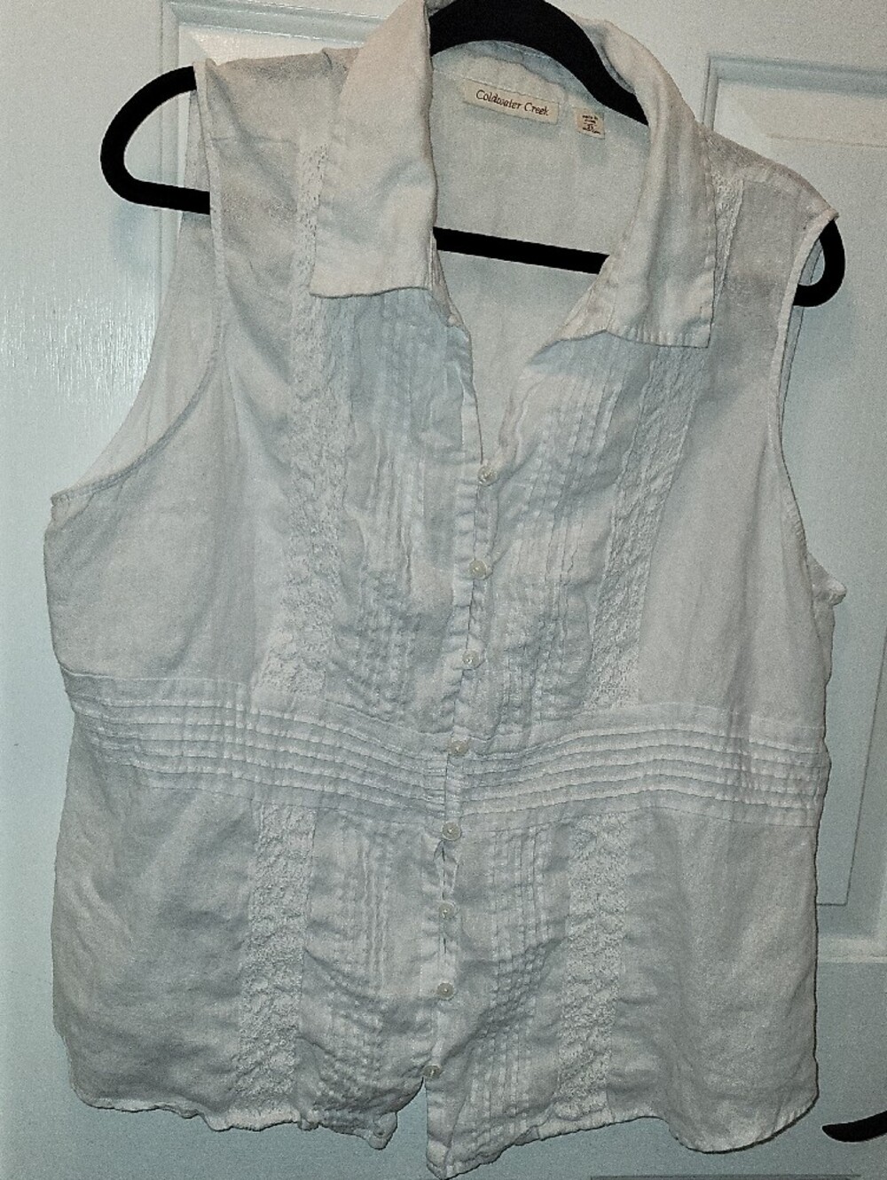 Coldwater Creek White Sleeveless Linen Button-Front Blouse with Pintuck & Lace - Picture 2 of 6